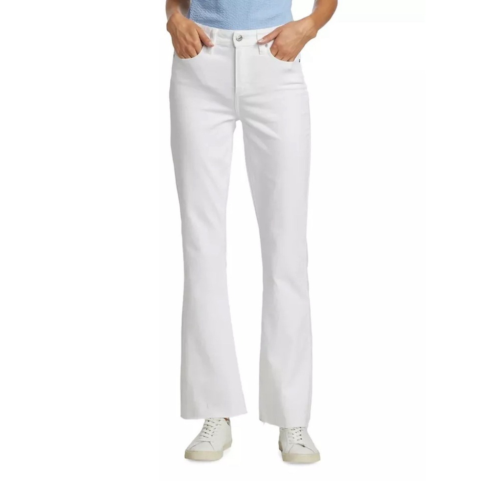 paige sloane Denim Jeans In Crisp‎ White Size 34 Raw Hem Boot Cut Slim Trouser